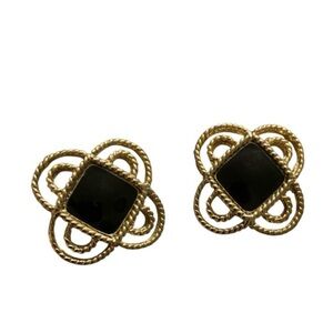 Vintage 80s 90s Gold Tone and Black Quatrefoil Design Post Earrings